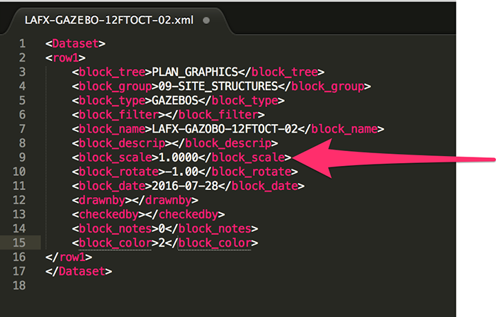 XML file open in text editor, block_scale value