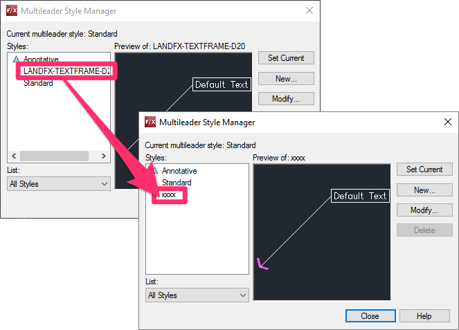 Multileaders Style Manager, renaming LANDFX text styles