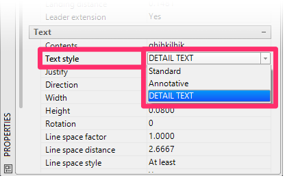 Properties panel, menu to select Text Style