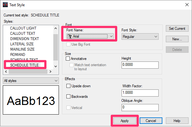 Text Style Manager , Text Style settings and Apply button