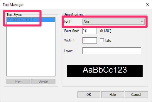 Test Manager, Schedule Title Text Style set to the correct font