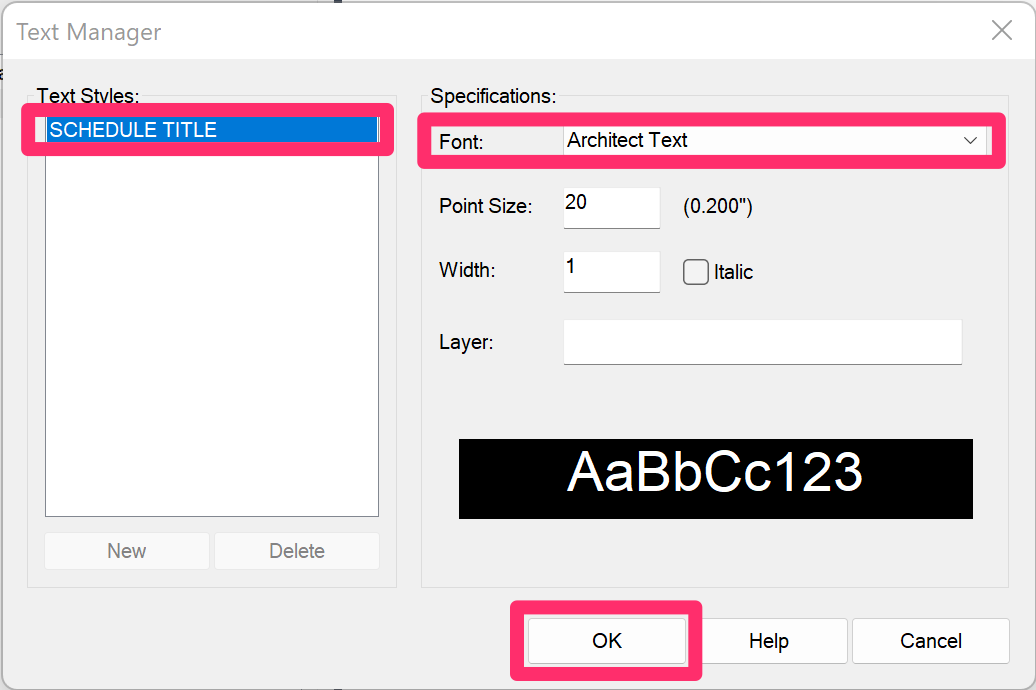 Text Style Manager , Text Style settings and Apply button