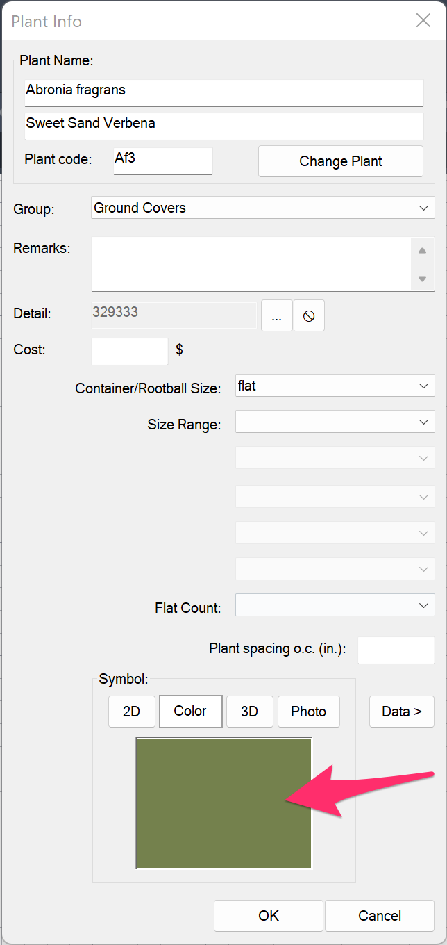 Plant Info dialog box showing correct color for a plant