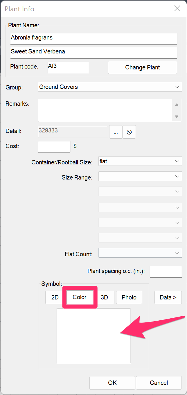 Plant Info dialog box showing incorrect color for a plant