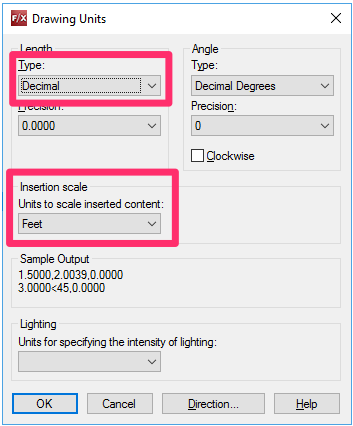 rawing Units dialog box, Type and Units to scale inserted content settings