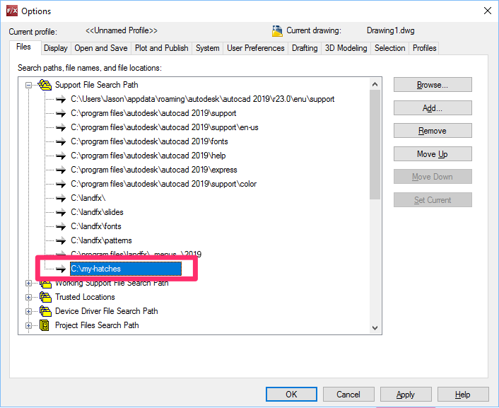 Folder containing hatch patterns now included in Support File Search Path