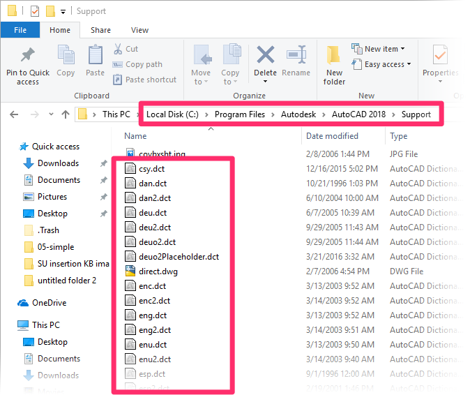 DCT files in Support folder path