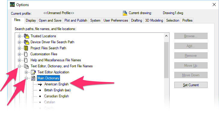 Options dialog box, Files tab, Main Dictionary entry, selecting language of installation