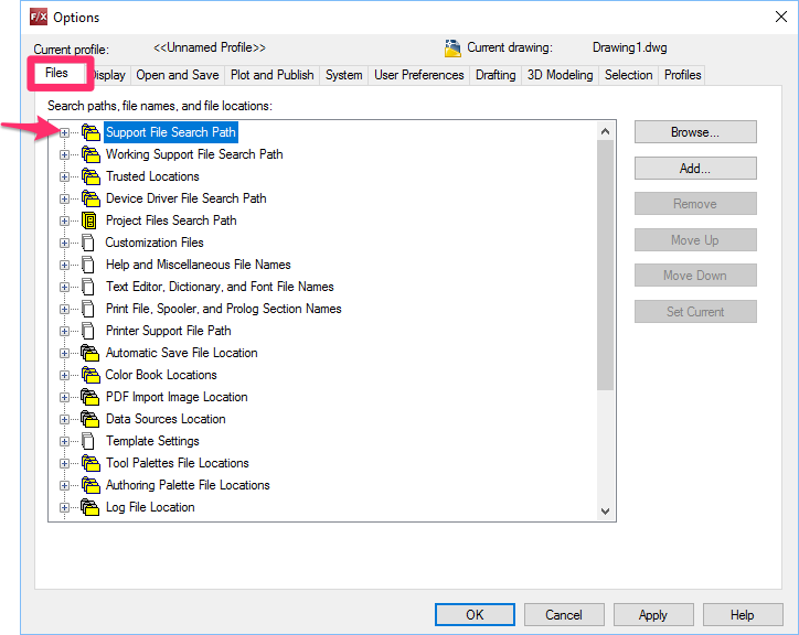 Options dialog box, Files tab, expanding the SUpport File Search Path