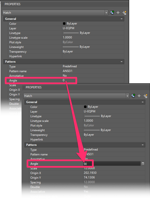 Select both hatches and change angle