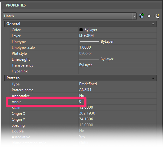 Properties panel, angle setting of hatch