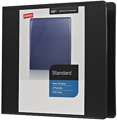 3-inch black binder with clear plastic sleeves