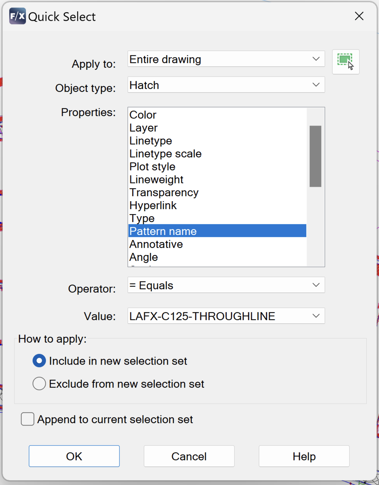 Quick Select dialog box settings