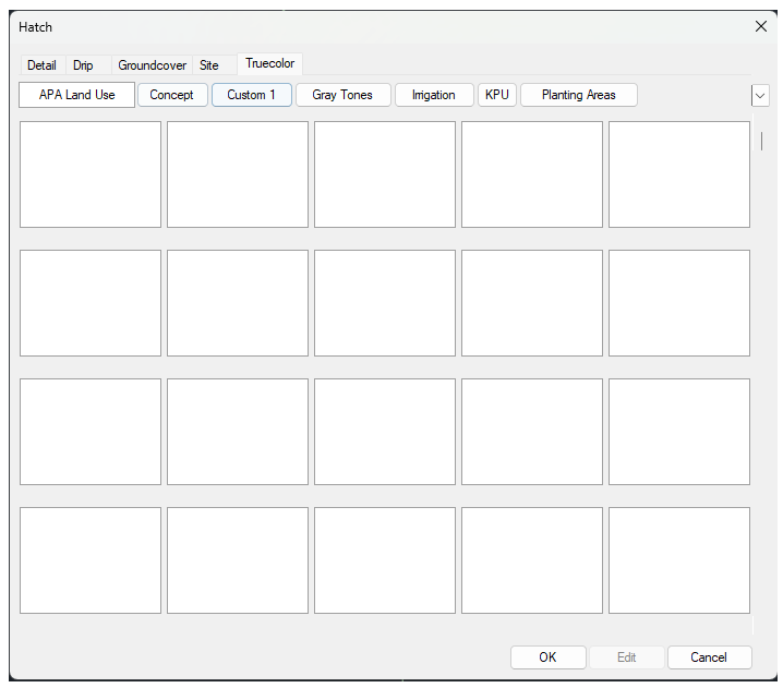 Hatch dialog box showing blank selection boxes for True Colors