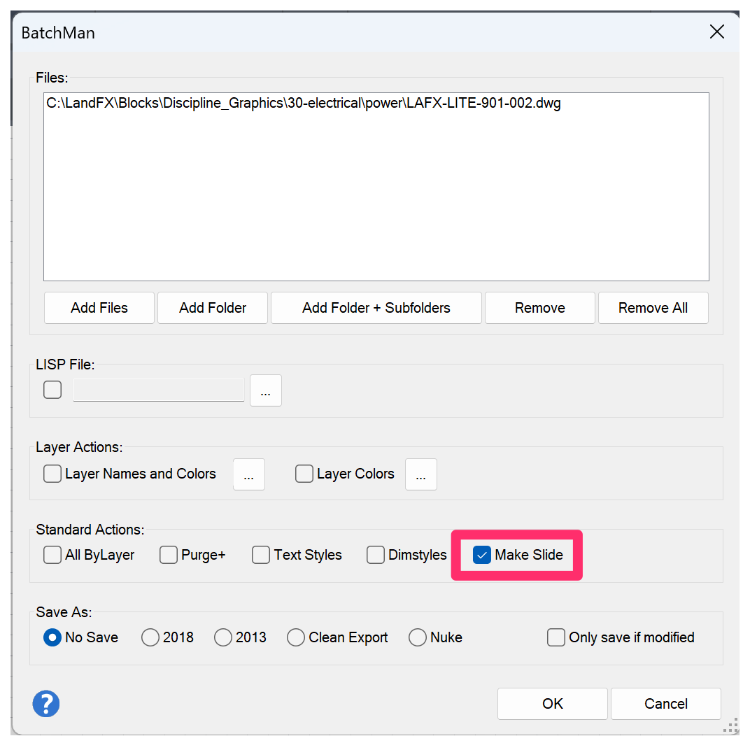 BatchMan dialog box, Make Slide option