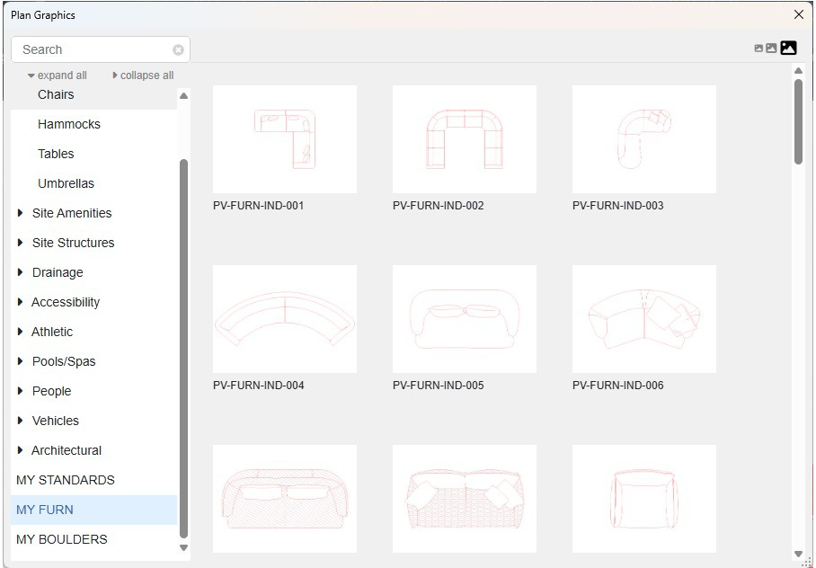 Plan Graphics dialog box showing custom blocks as preview thumbnails