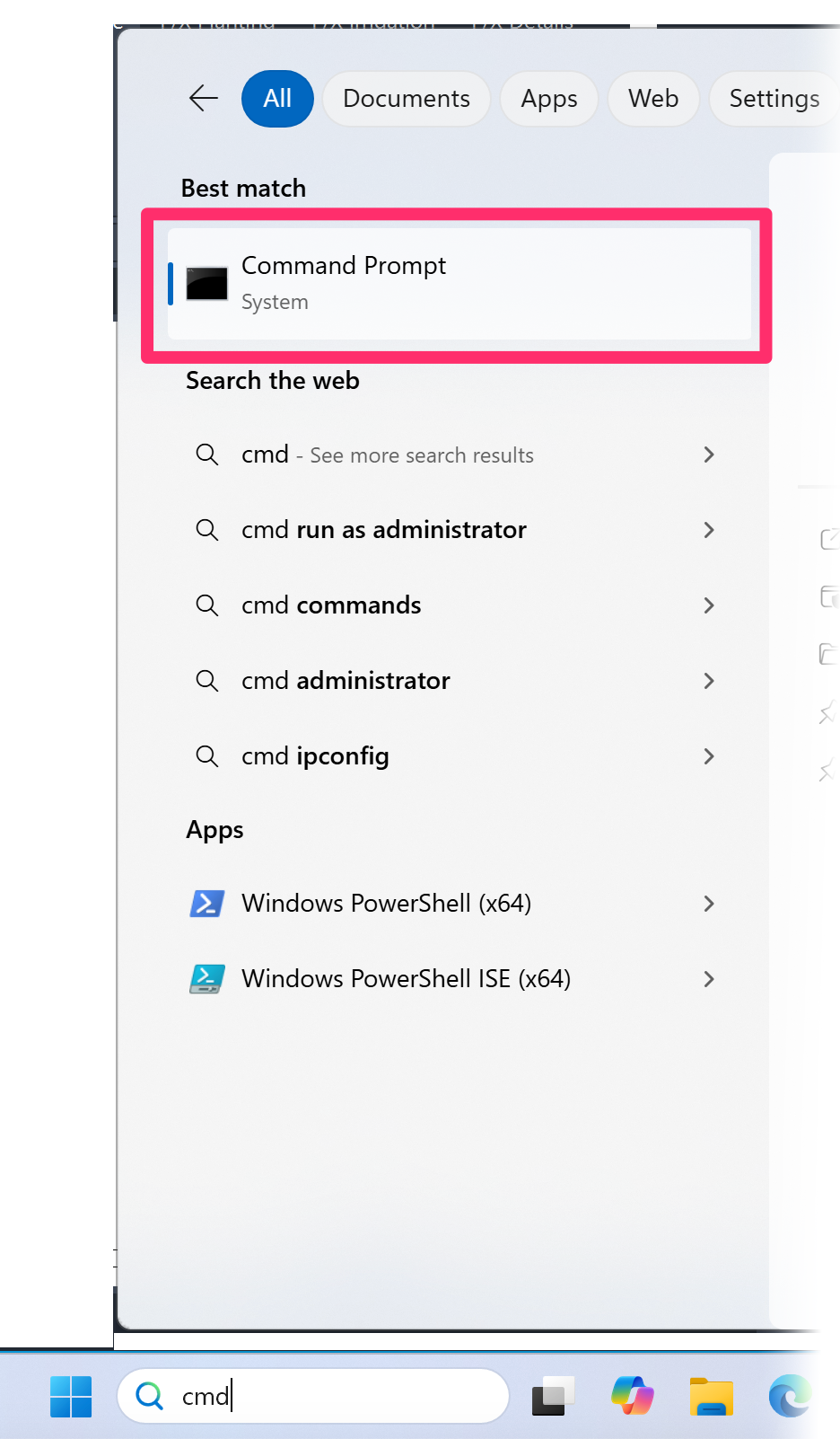 Opening the Command prompt from the Windows Start menu