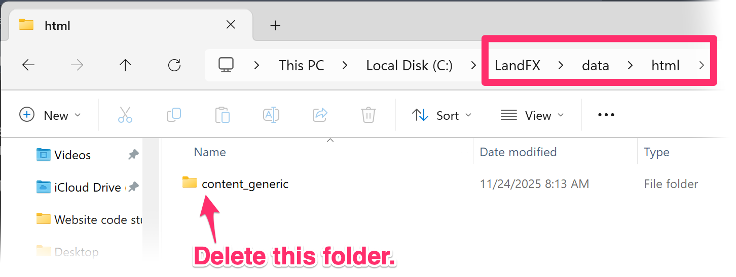 Deleting the folder LandFX\data\html\content_generic