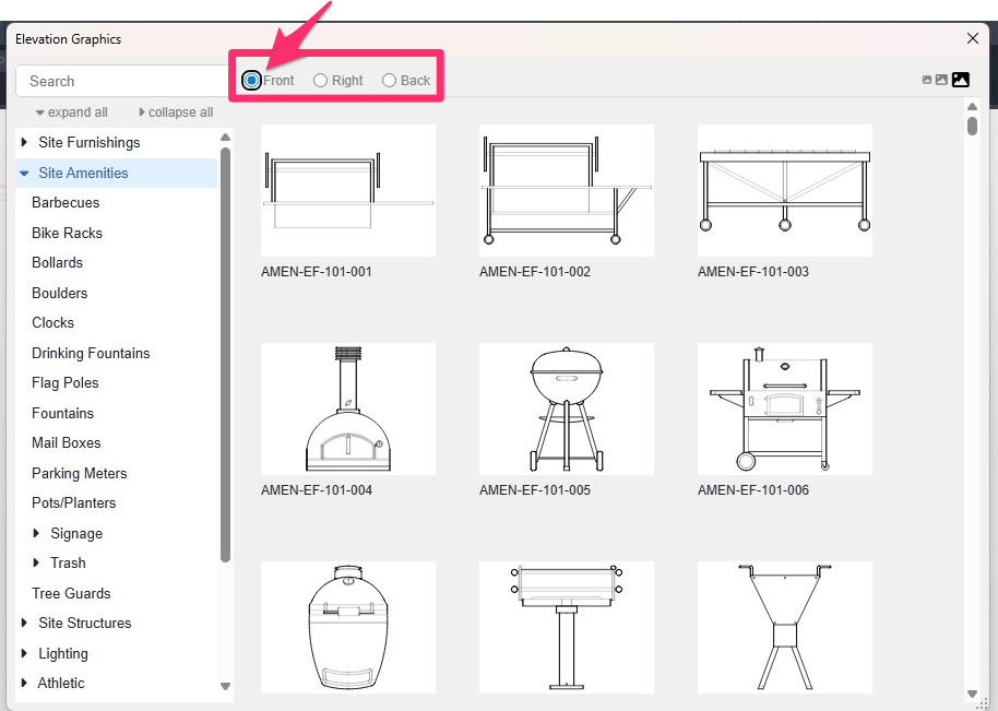 Elevation Graphics dialog box set to Front view, with block category list fuly visible
