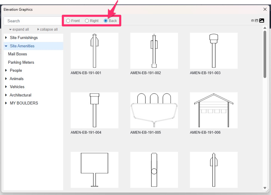 Elevation Graphics dialog box set to Back view