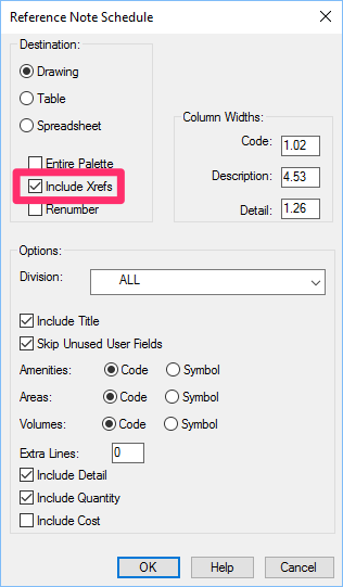 Reference Note Schedule dialog box, Include Xrefs option