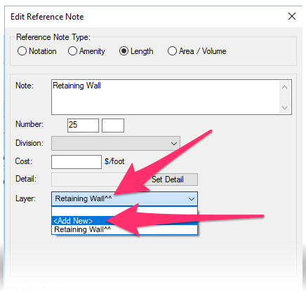Checking and correcting a Length Reference Note's layer name in the Edit Reference Note dialog box