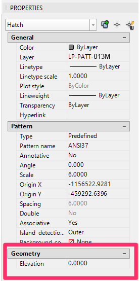 Properties panel, Geometry section, no Area value