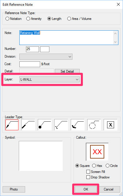 Edit Reference Note, new layer name for Length Reference Note selected in Layer menu