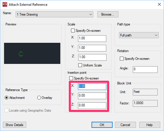 Xrefs insertion point is 0, 0