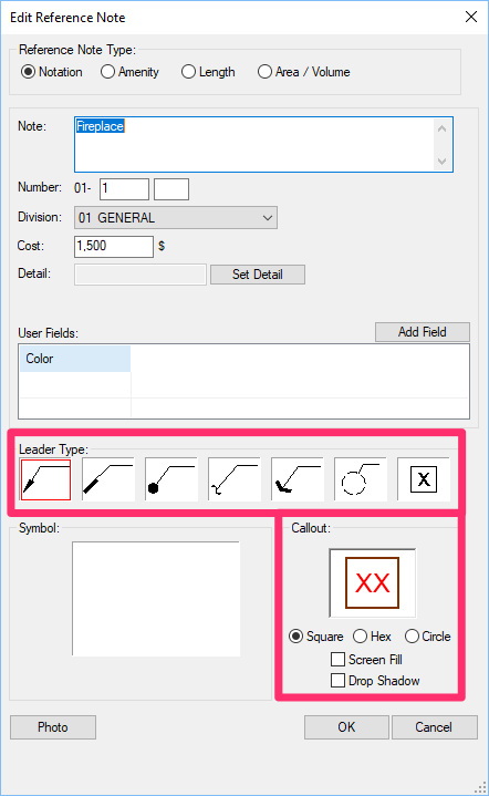 Edit Reference Note dialog box, leader and callout styles
