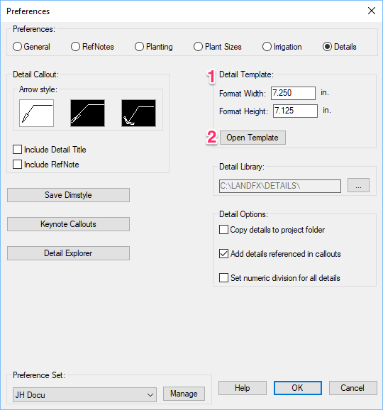 Details Preferences screen, Detail Template Format Width and Format Height settings