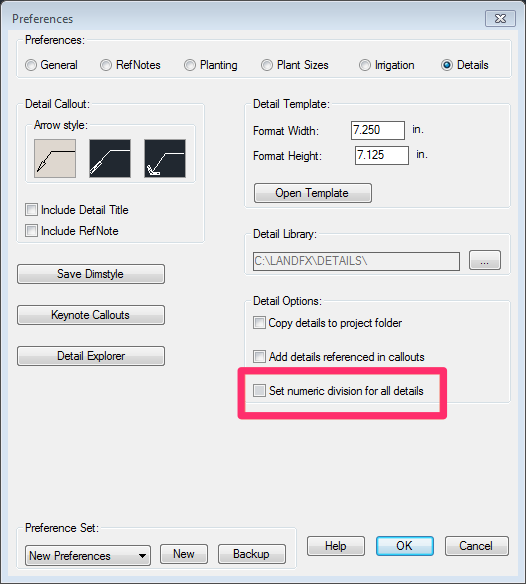 Details Preferences screen, Set numeric division for all detail option unchecked
