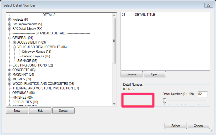 Select Detail Number dialog box with no Division button