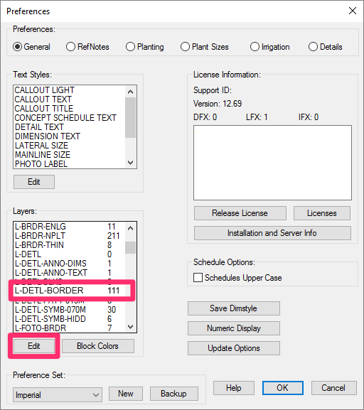 General Preferences screen. Layers section, Edit button