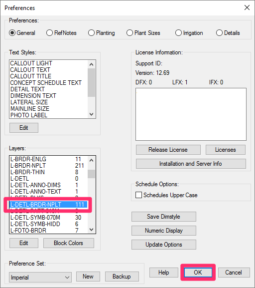 General Preferences screen, layer named correctly