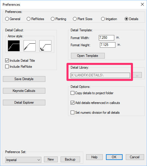 Details Preferences, example Detail library location