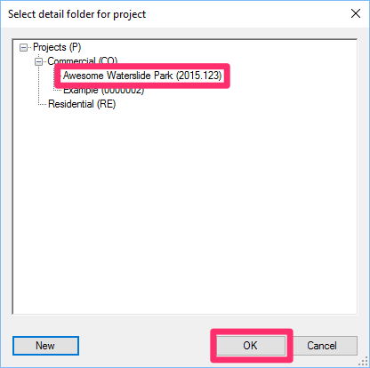 Select detail project dialog box, navigating to a detail folder