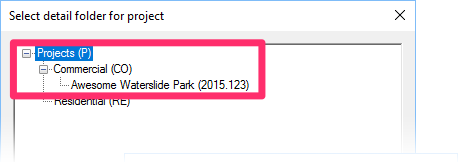 Select detail folder for project dialog box showing project in wrong parent category