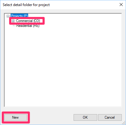 Select detail for your project dialog box, detail folder highlighted, New button emphasized