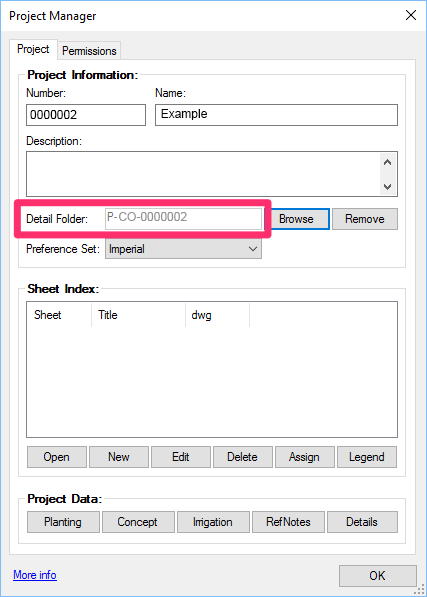 Project Manager showing new detail folder as the Detail Folder