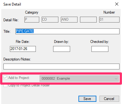 Save Detail dialog box, Add to Project option locked on wrong project