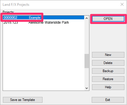 LAnd F/X Projects dialog box, Open button