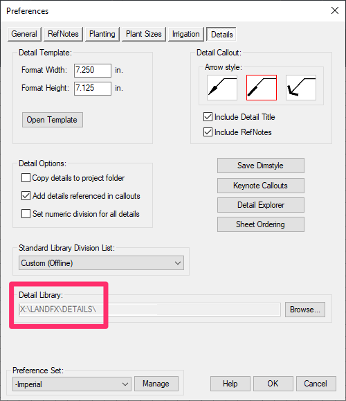 Details Preferences, detail library location
