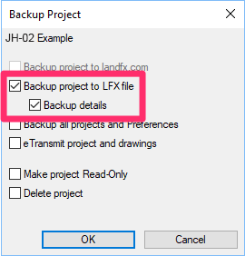Backup Land F/X Project dialog box, Backup project to LFX file and Backup details options selected