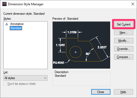 Dimension Style Manager, Set Current button