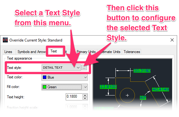 Override Current Style dialog box, Text tab, Text style menu