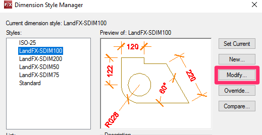 Dimension Style Manager, Modify button