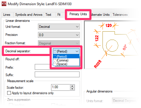 Modify Dimension Style dialog box, Primary Units tab, Decimal separator settings
