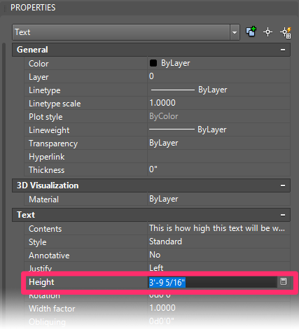 Properties panel, text height setting