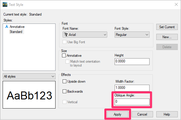 Selecting the style that's coming in italicized in the AutoCAD Text Manager, changing the Oblique Angle setting